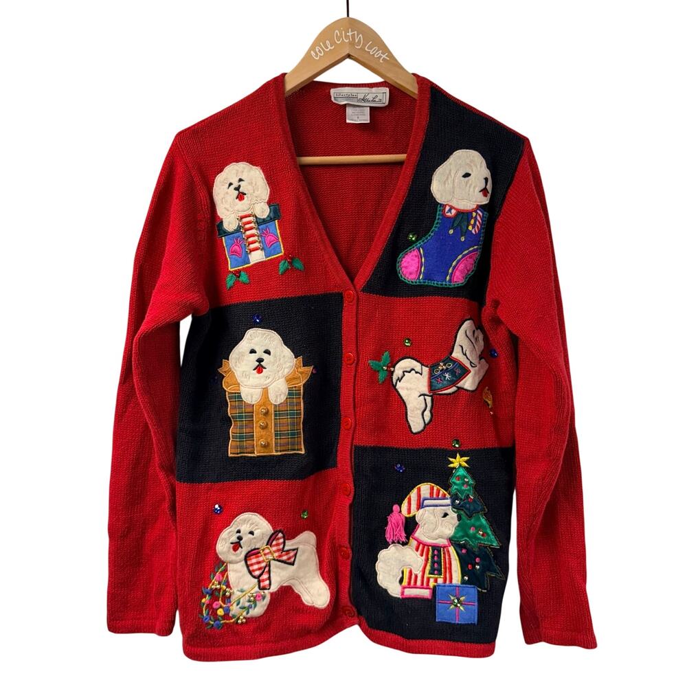 Not So Ugly Christmas Sweater Dog Lover Cardigan Small Vintage